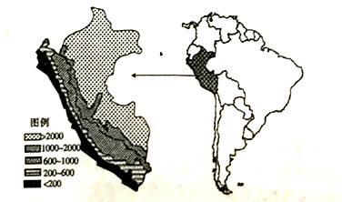 下图为秘鲁年降水量单位mm分布图及秘鲁位置图阴影部分读图完成下列