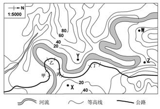 下圖為某地區等高線地形圖,有一公路沿河興建.據圖回答1-3題.