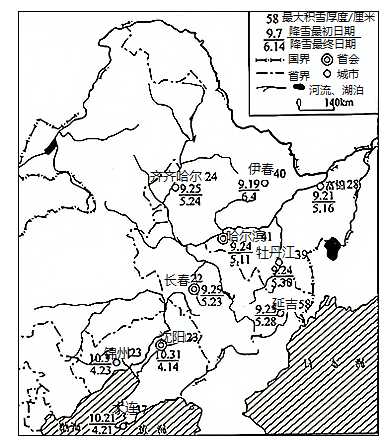 下圖為東北三省降雪最初日期降雪最終日期和最大積雪厚度的分佈圖據此